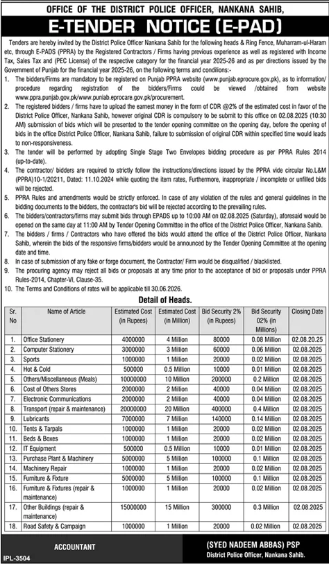 District Police Department Nankana Sahib Tender Notice